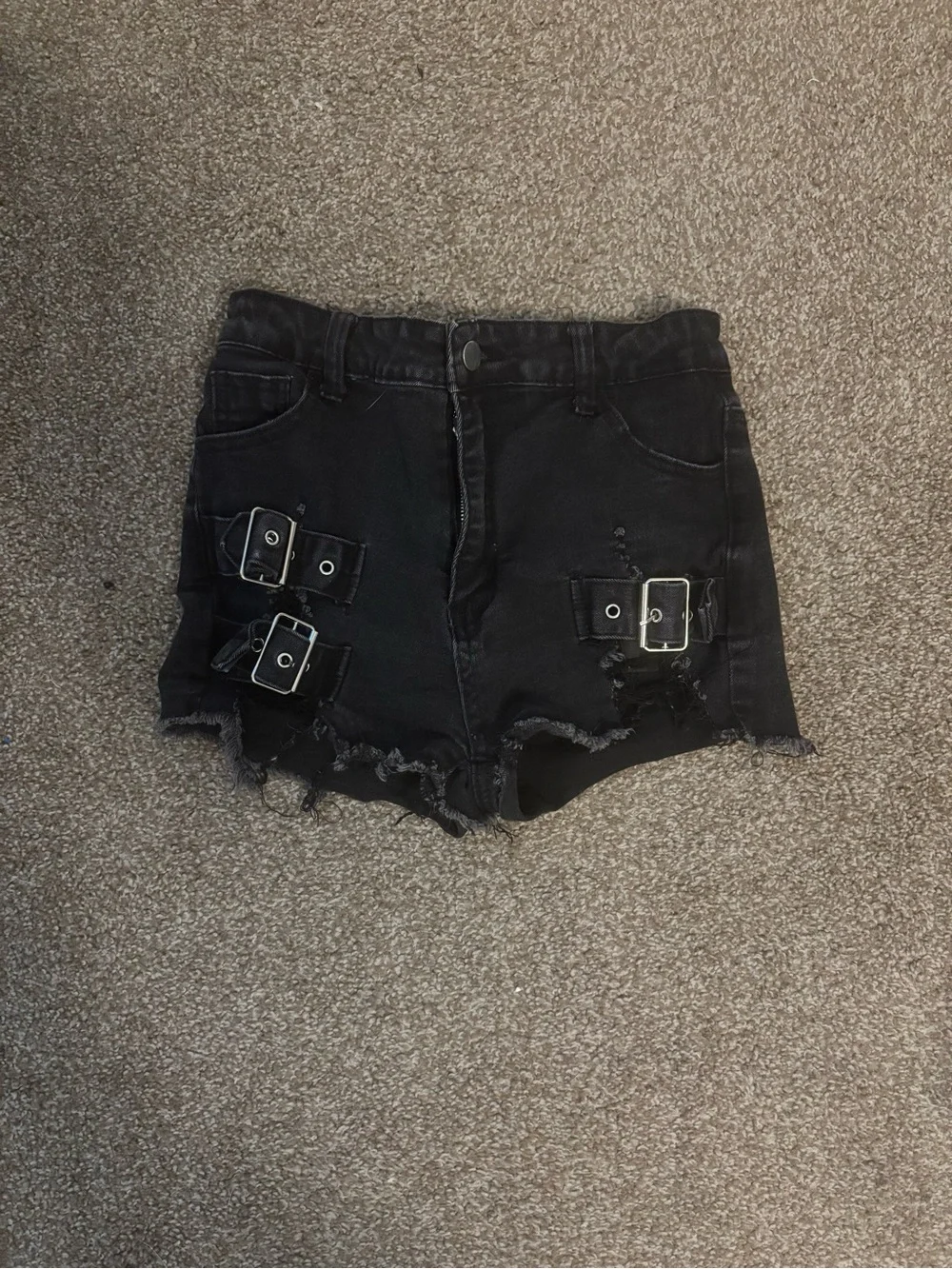 Black Distressed Denim Buckle Shorts